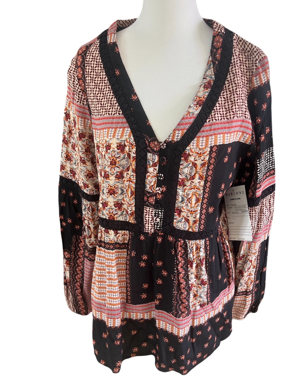 Mixed Floral Patchwork V-Neck Tunic in Black and Pink